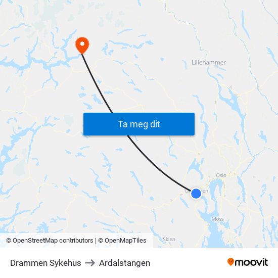 Drammen Sykehus to Ardalstangen map