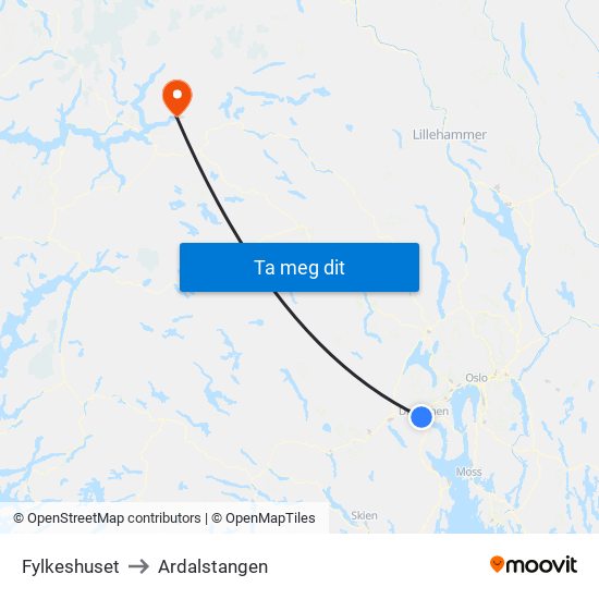 Fylkeshuset to Ardalstangen map