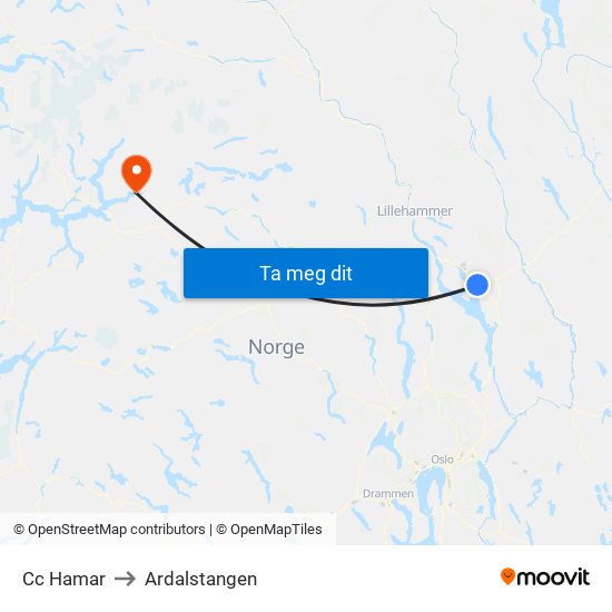 Cc Hamar to Ardalstangen map