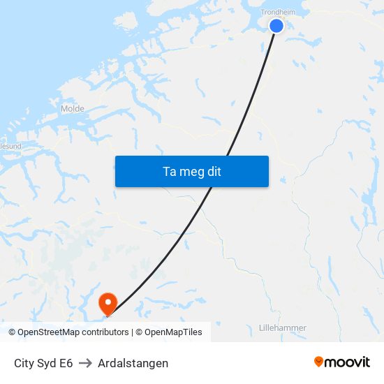 City Syd E6 to Ardalstangen map