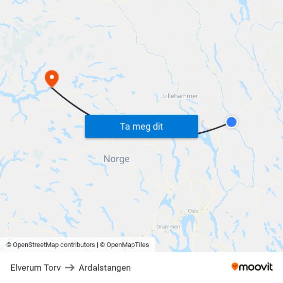 Elverum Torv to Ardalstangen map