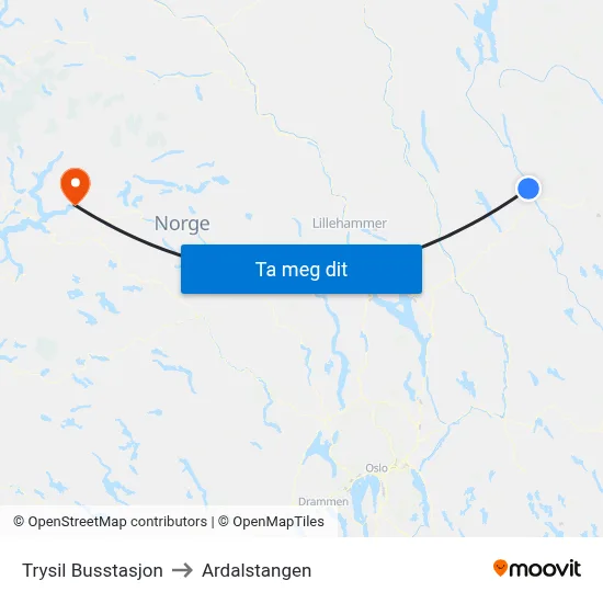 Trysil Busstasjon to Ardalstangen map