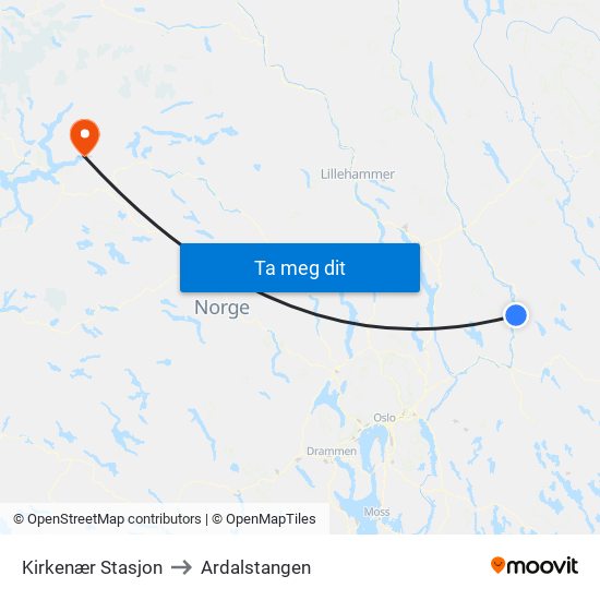 Kirkenær Stasjon to Ardalstangen map