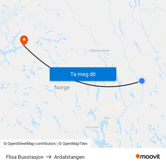 Flisa Busstasjon to Ardalstangen map