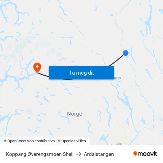 Koppang Øverengsmoen Shell to Ardalstangen map