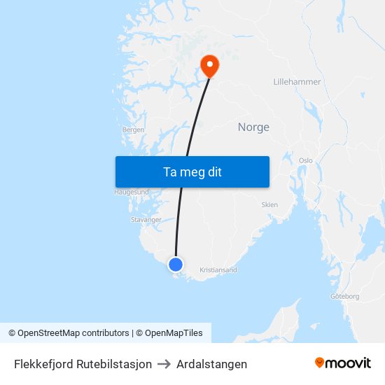 Flekkefjord Rutebilstasjon to Ardalstangen map