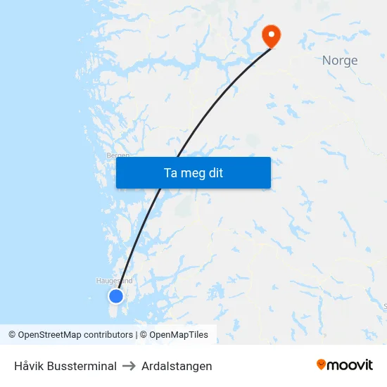 Håvik Bussterminal to Ardalstangen map