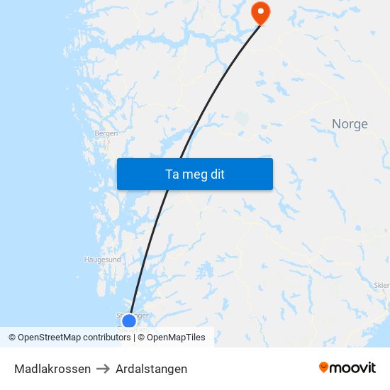 Madlakrossen to Ardalstangen map