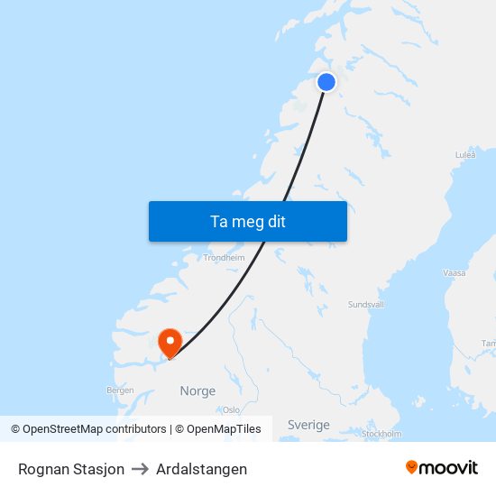 Rognan Stasjon to Ardalstangen map