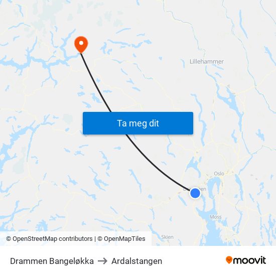 Drammen Bangeløkka to Ardalstangen map