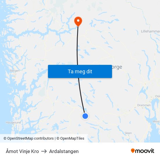 Åmot Vinje Kro to Ardalstangen map