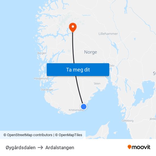 Øygårdsdalen to Ardalstangen map
