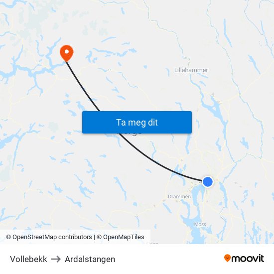 Vollebekk to Ardalstangen map