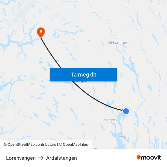Lørenvangen to Ardalstangen map