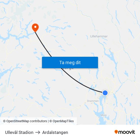 Ullevål Stadion to Ardalstangen map