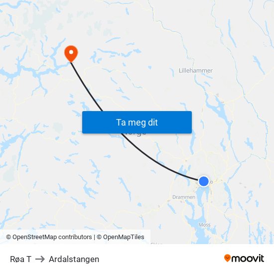 Røa T to Ardalstangen map