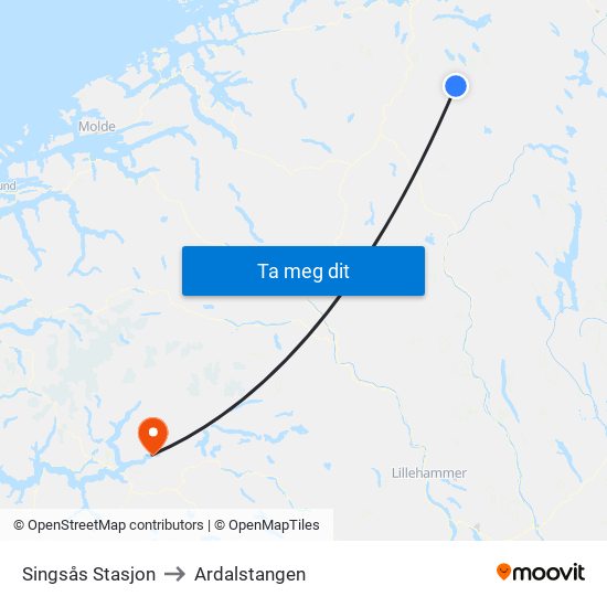 Singsås Stasjon to Ardalstangen map
