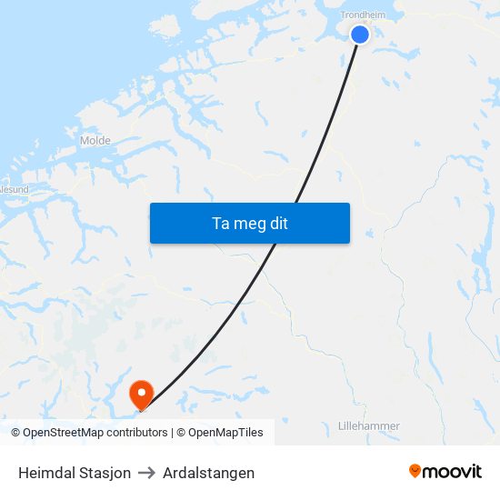 Heimdal Stasjon to Ardalstangen map