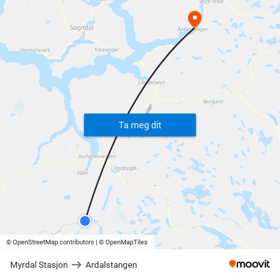 Myrdal Stasjon to Ardalstangen map