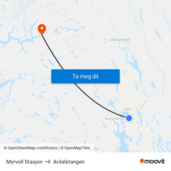 Myrvoll Stasjon to Ardalstangen map