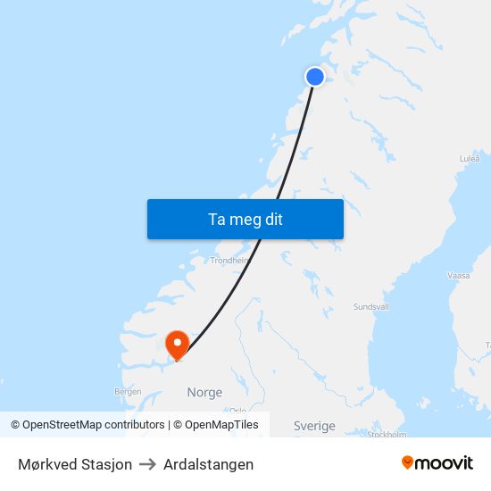 Mørkved Stasjon to Ardalstangen map