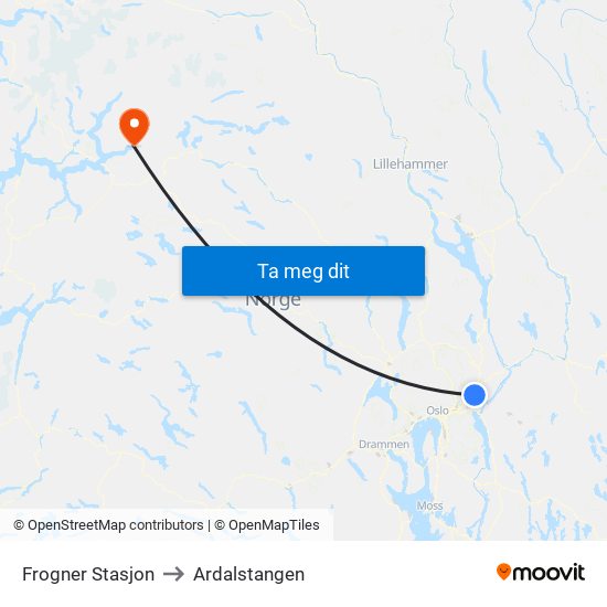 Frogner Stasjon to Ardalstangen map