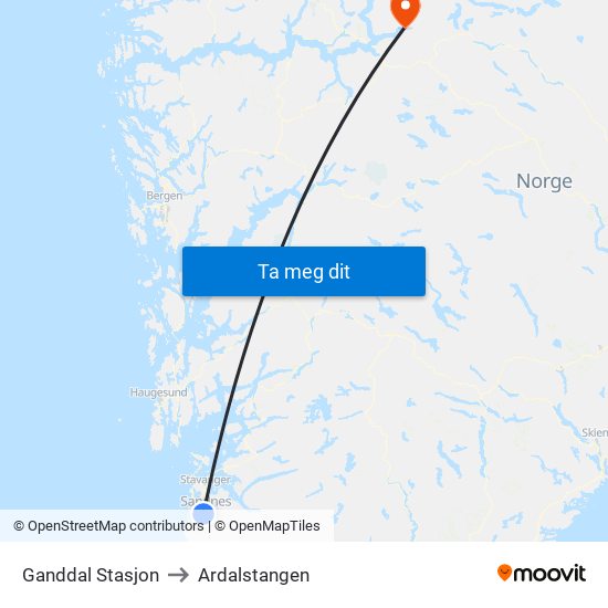Ganddal Stasjon to Ardalstangen map