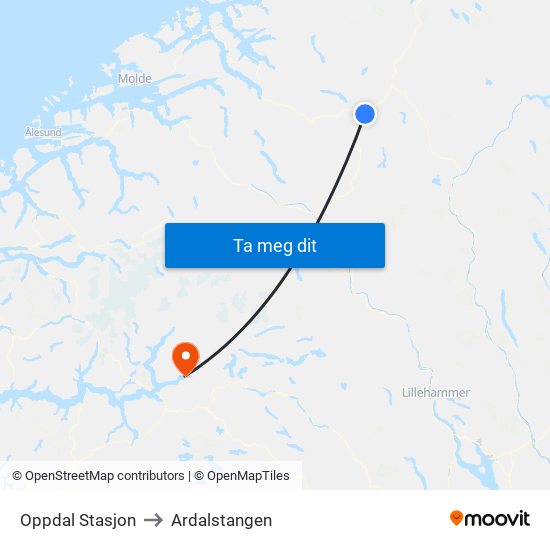 Oppdal Stasjon to Ardalstangen map