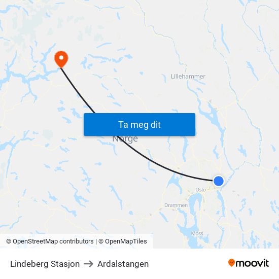 Lindeberg Stasjon to Ardalstangen map