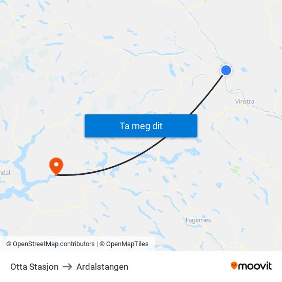 Otta Stasjon to Ardalstangen map