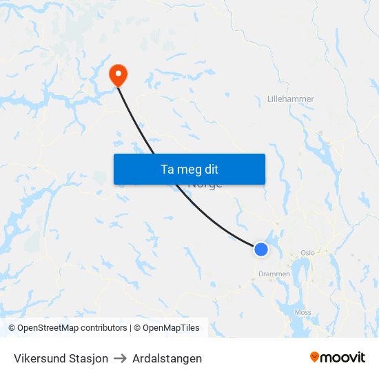 Vikersund Stasjon to Ardalstangen map