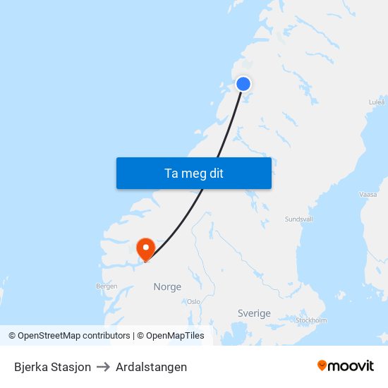 Bjerka Stasjon to Ardalstangen map