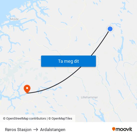 Røros Stasjon to Ardalstangen map