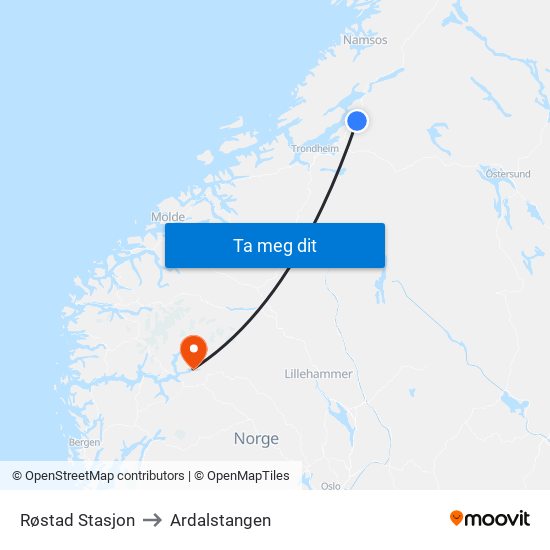 Røstad Stasjon to Ardalstangen map