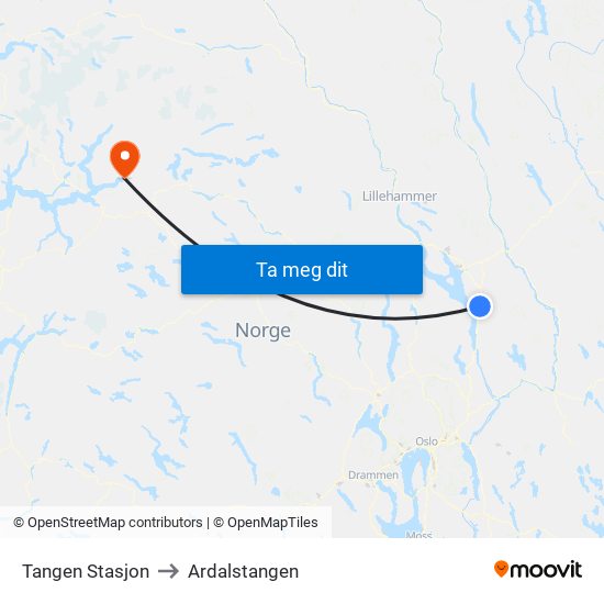 Tangen Stasjon to Ardalstangen map