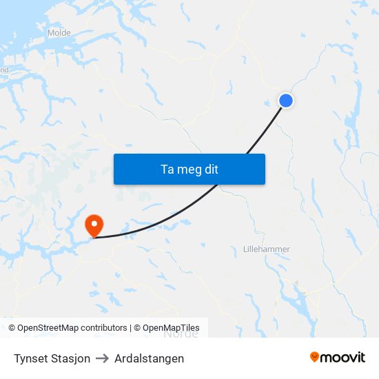 Tynset Stasjon to Ardalstangen map