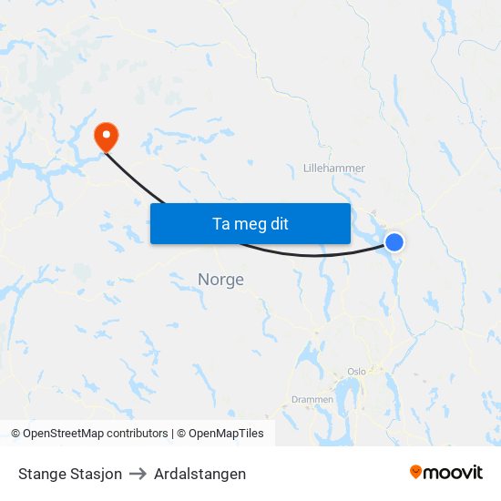 Stange Stasjon to Ardalstangen map