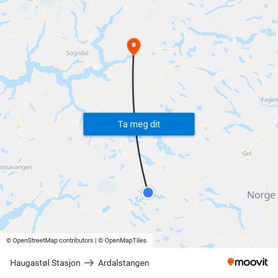 Haugastøl Stasjon to Ardalstangen map