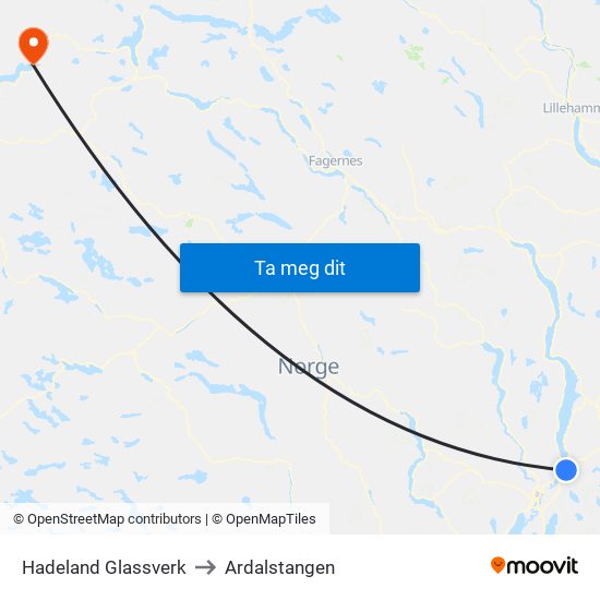 Hadeland Glassverk to Ardalstangen map