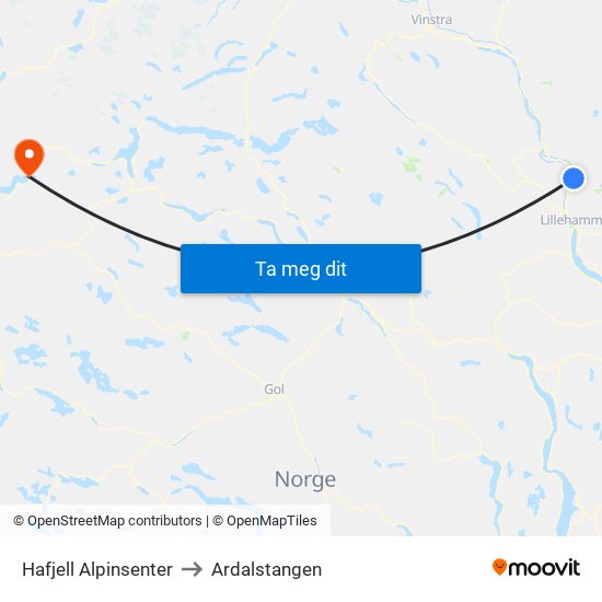 Hafjell Alpinsenter to Ardalstangen map