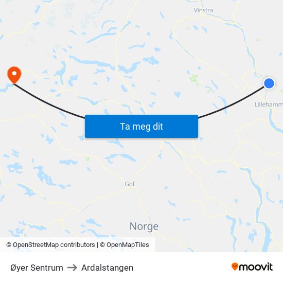 Øyer Sentrum to Ardalstangen map