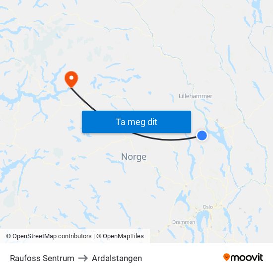 Raufoss Sentrum to Ardalstangen map