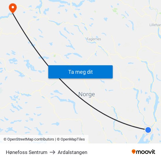 Hønefoss Sentrum to Ardalstangen map