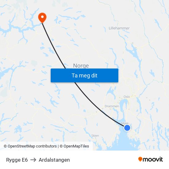 Rygge E6 to Ardalstangen map