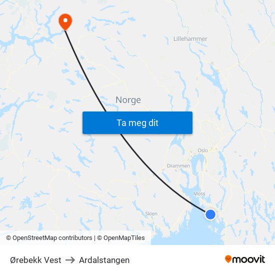 Ørebekk Vest to Ardalstangen map