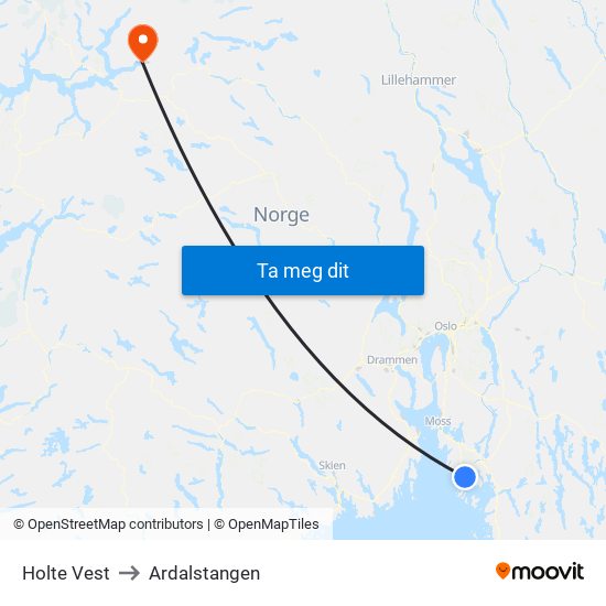 Holte Vest to Ardalstangen map
