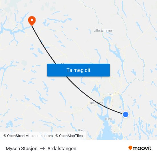 Mysen Stasjon to Ardalstangen map