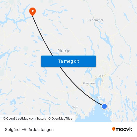 Solgård to Ardalstangen map