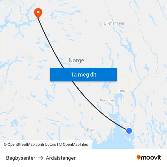 Begbysenter to Ardalstangen map