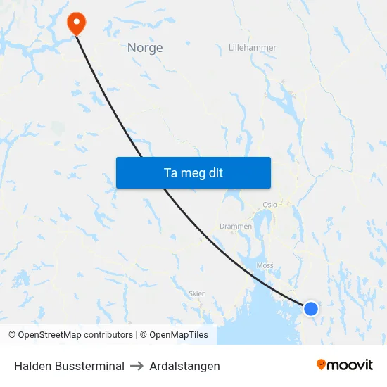 Halden Bussterminal to Ardalstangen map